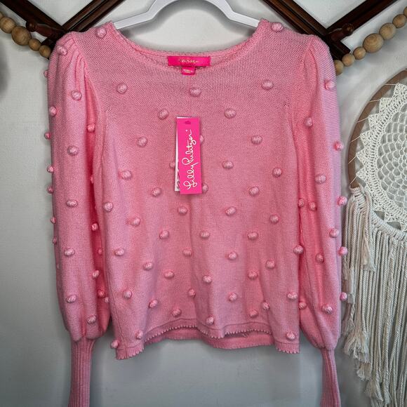 Lilly Pulitzer Sweaters - NEW Lilly Pulitzer Kippa Pink Blossom Pom Embellished Puff Sleeve Sweater